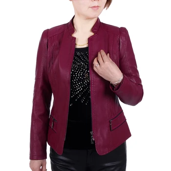 

Spring autumn 6XL leather jackets Women's New fashion plus size stand-up collar zip-up jacket Female long sleeve faux leather co