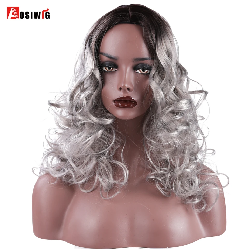 

AOSI Long Ombre Sliver Dark Roots Black Wavy Hair Synthetic 18" Cosplay Wigs For American African Women Heat Resistant