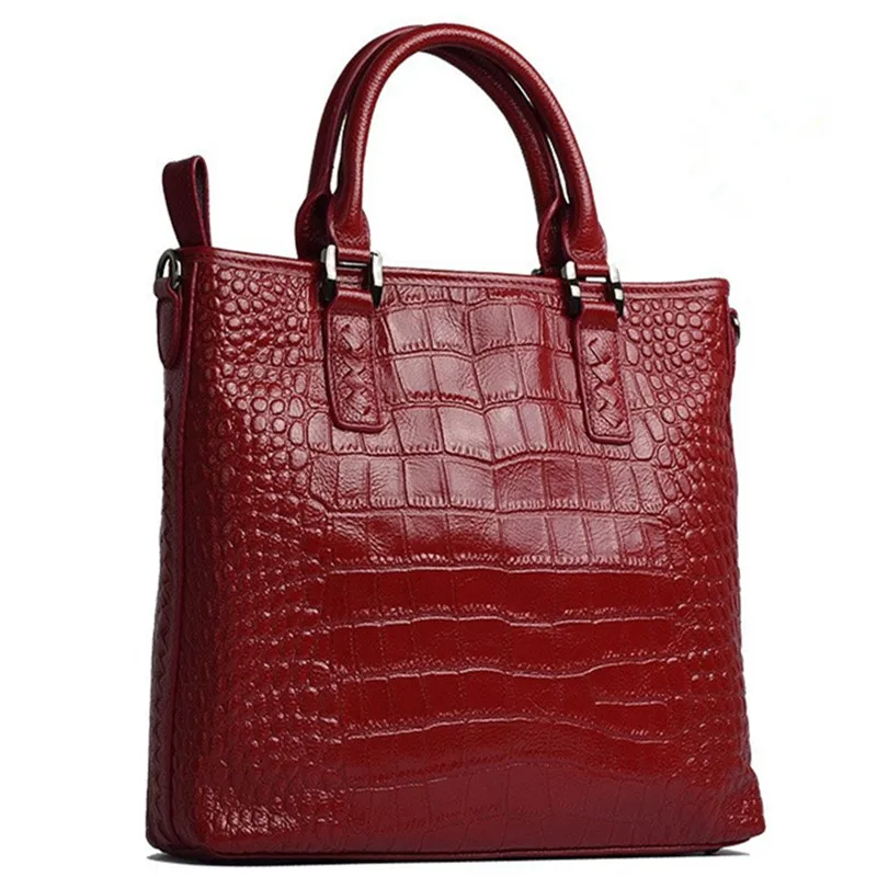 Women Genuine Cow Leather Messenger Shoulder Bag Handbag crocodile embossed Red