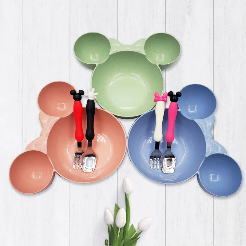 

3Pcs Baby Wheat Tableware Solid Feeding Cartoon Dishes Baby Kids Training Bowl Plate Food Feeding Dinnerware Set for Children