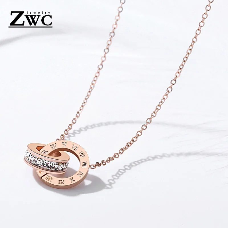ZWC модное очаровательное циркониевое ожерелье с Римской цифрой для женщин и девушек, темперамент, титановая сталь, двойной круг, ожерелье, ювелирное изделие