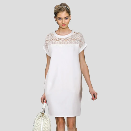 2015 xl 5xl fashion runway mini yoke shift summer dress round neck white casual dresses plus size