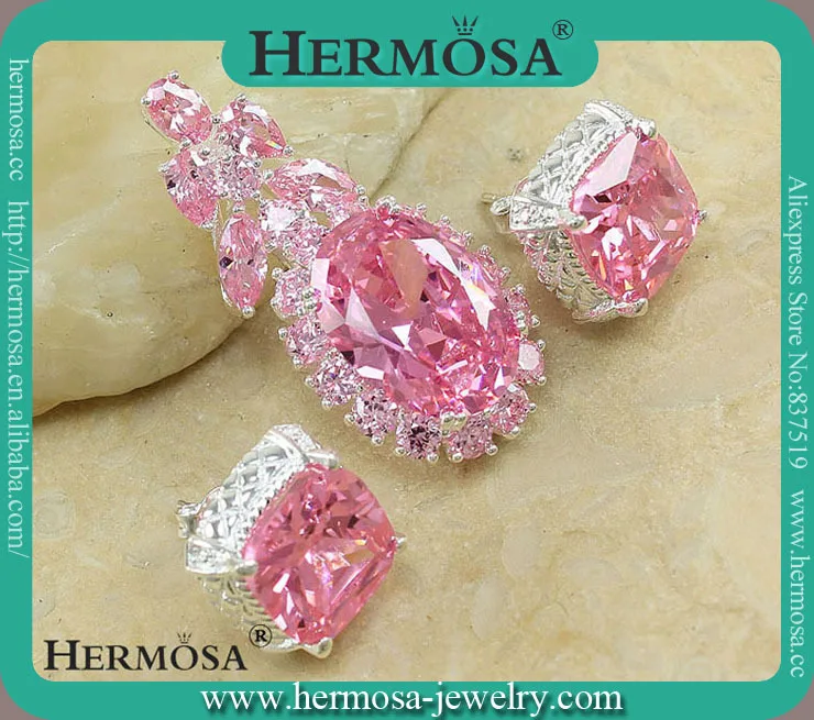 

Hermosa Most Popular 925 Silver Glorious Pink Kunzite Crystal Pendant Earring Wedding Jewelry Sets GM1213