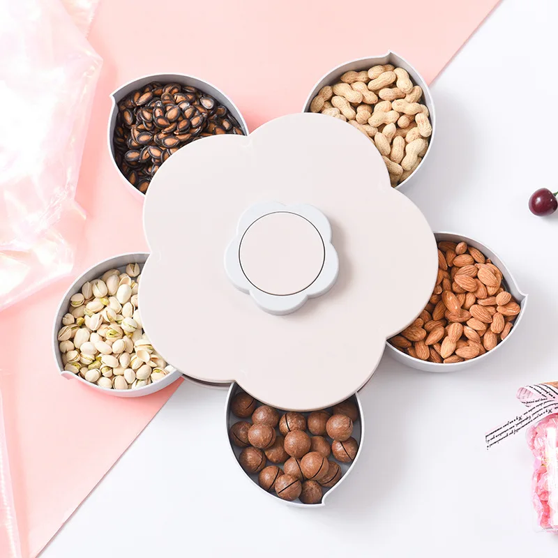 

1pc Petal-Shape Rotating Snack Box Candy Tray Food Storage Box Wedding Candy Plates Double-deck Dried Fruit Organizer Storage