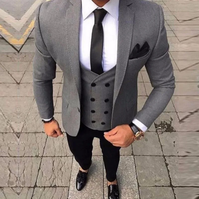 Doble Breasted hombres trajes para la boda por encargo gris chaqueta con pantalón  negro traje de novio de la boda para hombre traje hombre 2018|Trajes| -  AliExpress