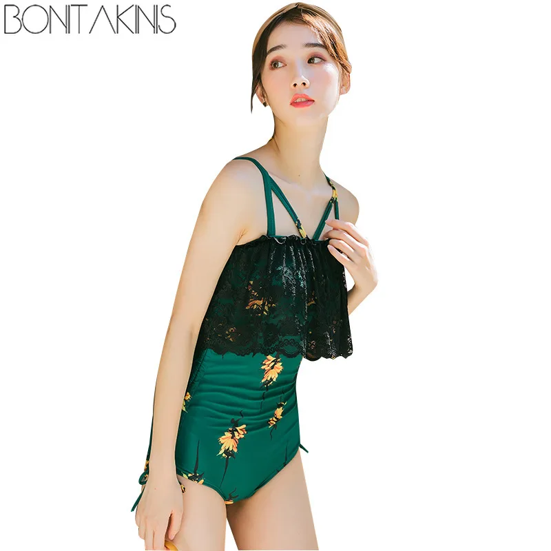 

Bonitakinis Lace Ruffled One Piece Swimsuit Small Chest Asia Size Bodysuit Printed Monokini Swimwear