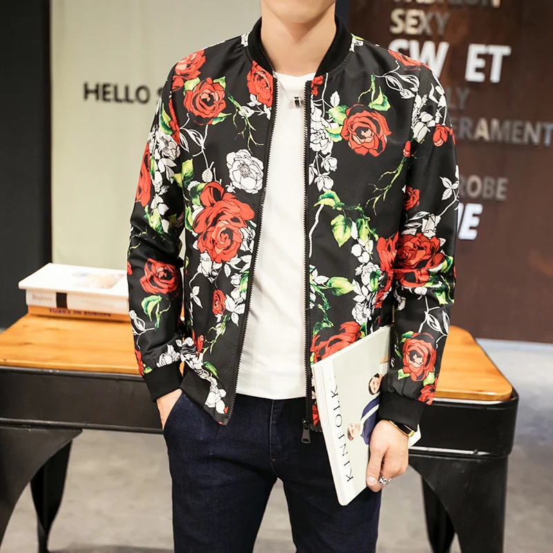 Bomber informal de sarga de algodón con estampado de flores hombre, abrigos ajustados con bolsillos para y otoño|Chaquetas| - AliExpress