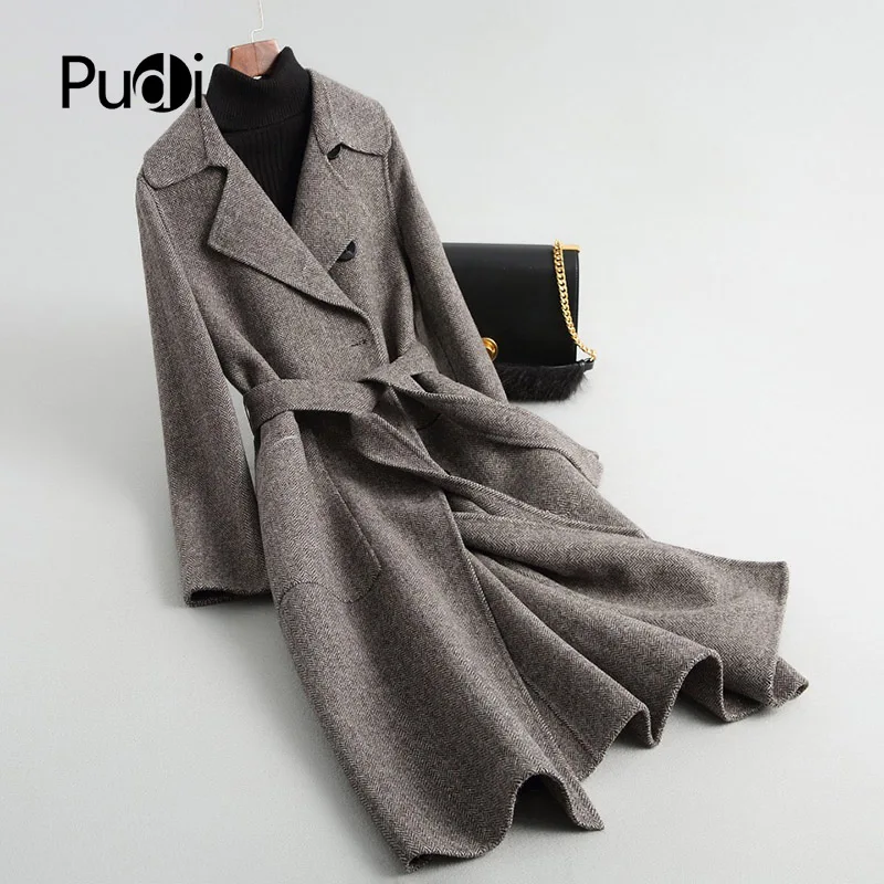 

PUDI A38080 2018 Women Fall/Winter new fashion wool Herringbone jacket lady's long style pocket leisure wool coat