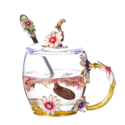 Термостойкое стекло креативная простая индивидуальная ромашка домашняя кофейная чашка симпатичный с кристаллами стеклянный сок цветок чашка - Цвет: 330mL Cup lid spoon