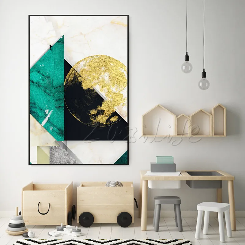 

Geometric Triangular Gold Earth Ball Dark Green Painting Acrylic Wall Art Pictures Canvas Painting for living room Home Decor