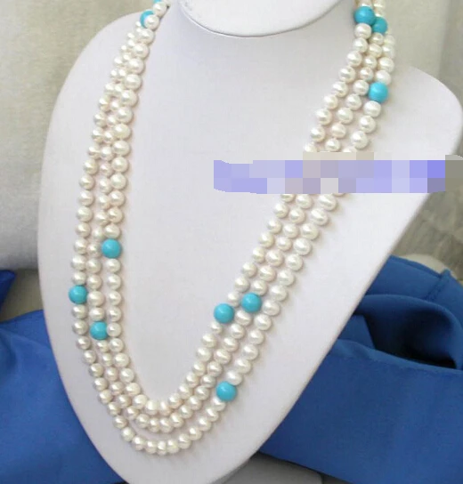 

FREE SHIPPING>@@> N2783 NATURAL 80" 9mm white freshwater pearl turquoise necklace