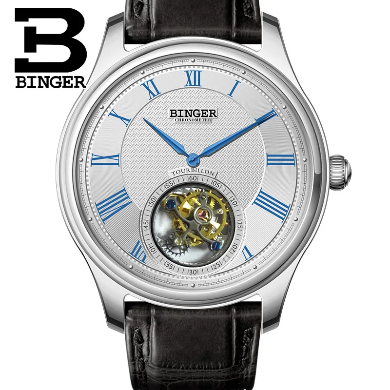 Высококачественные деловые часы BINGER Seagull Tourbillon, механические часы с крокодиловым кожаным ремешком, сапфировые Мужские автоматические часы - Цвет: 01