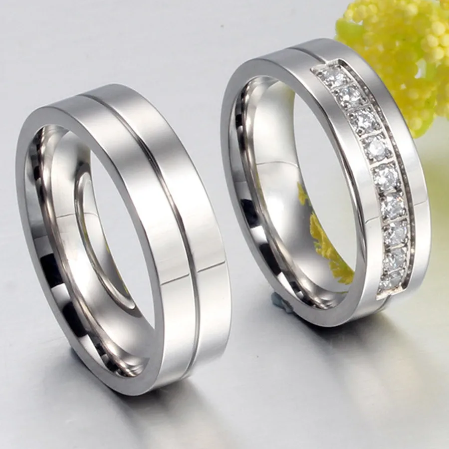 Silver Plated CZ Crystal titanium steel rings couple his and hers