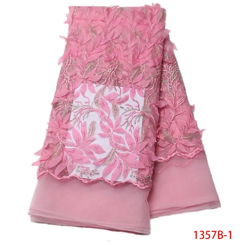 

New French Lace Fabric High Quality Nigeria 3d Tulle Leaf Baby Pink African Net Mesh Women Dress GD1357B-1