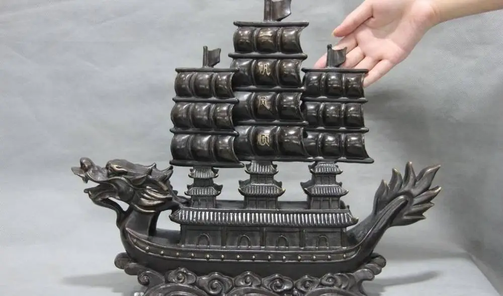 

Classical Copper Bronze Feng shui Lucky Wealth Dragon Boat Sailboat Art Statue
