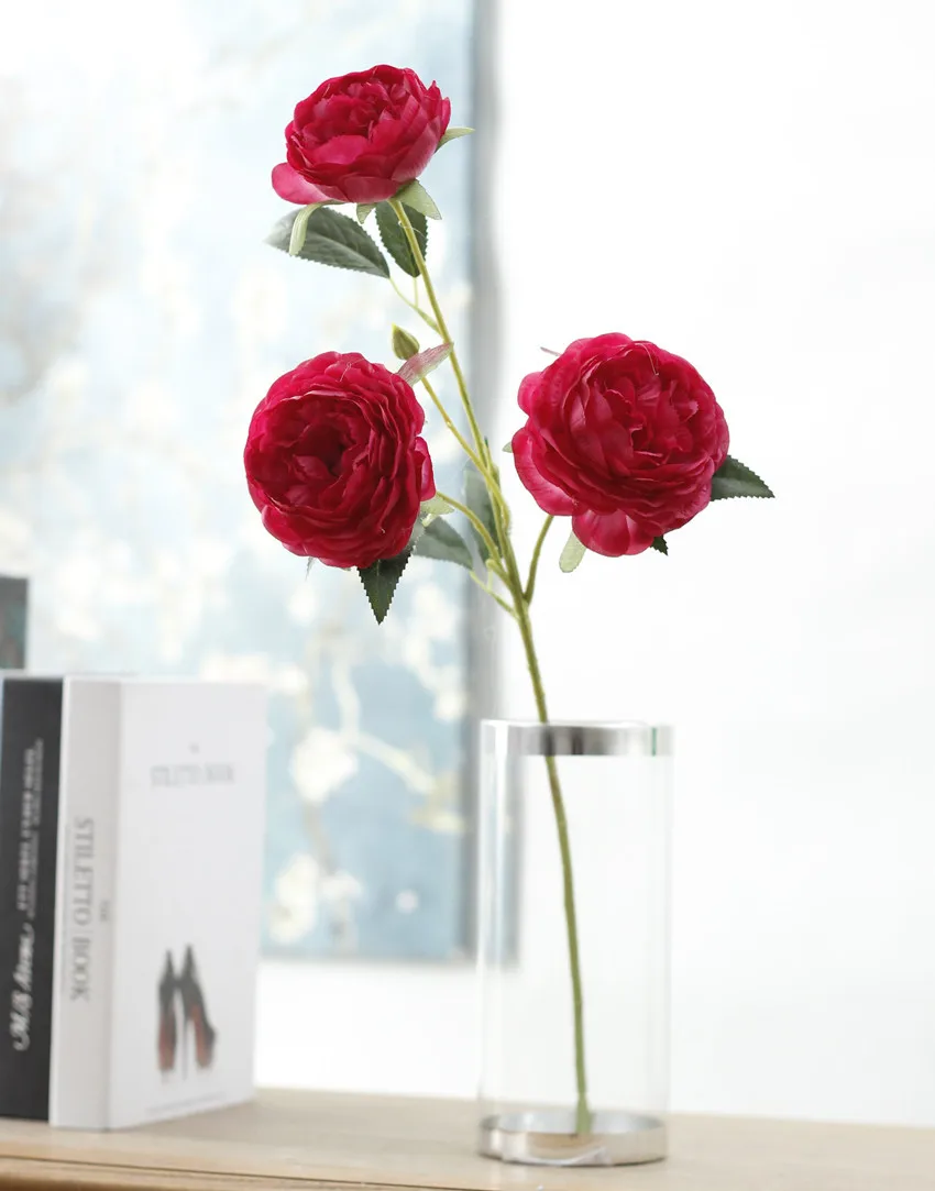 3 головы пион шелк искусственный цветок ветка букет чайной розы украшение дома искусственный цветок для свадьбы Цветы - Цвет: red