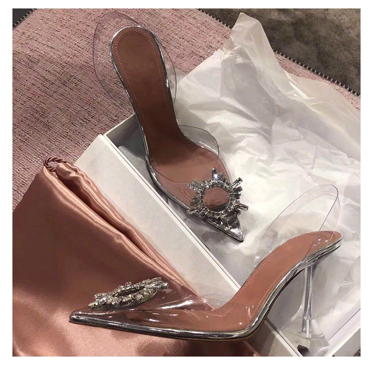 

2019 Summer New Famous Crystal High Heels Diamond Pointed Toe Transparent Sandals