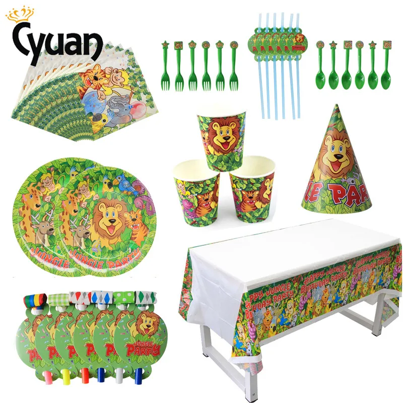 

Kids Jungle Party Decorations Tableware Set Forest Animals Theme Birthday Party Supplier Plate Straw Cups Tablecloth Baby Shower