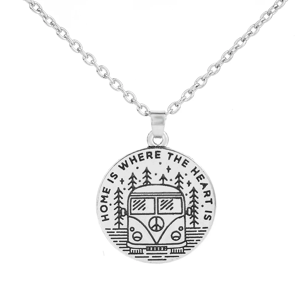 

My Shape Home Is Where The Heart Is Adventure Statemet Necklace Letter Engraved Pendant Round Charms Znic Alloy Camping Choker