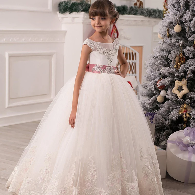 Elegant White Long Flower Girl Dress Scoop Hollow Back Appliques Bow ...