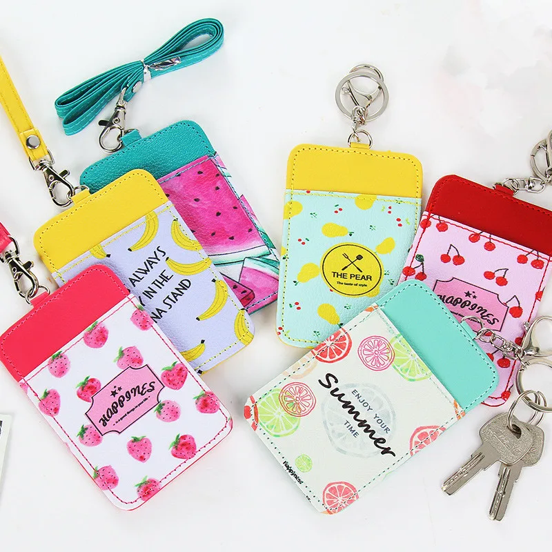 

1 Pc Cute Fruit Pattern PU Leather Creative Card Bus Cover Holder Lanyard KeyChain Card Wallet Office Supplies Stationery Gifts