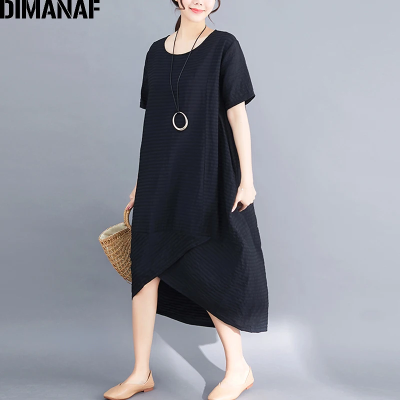 

DIMANAF Plus Size Women Dress Vintage Summer Sundress Big Size Cotton Linen Female Elegant Lady Vestidos Loose Solid Dress 2019