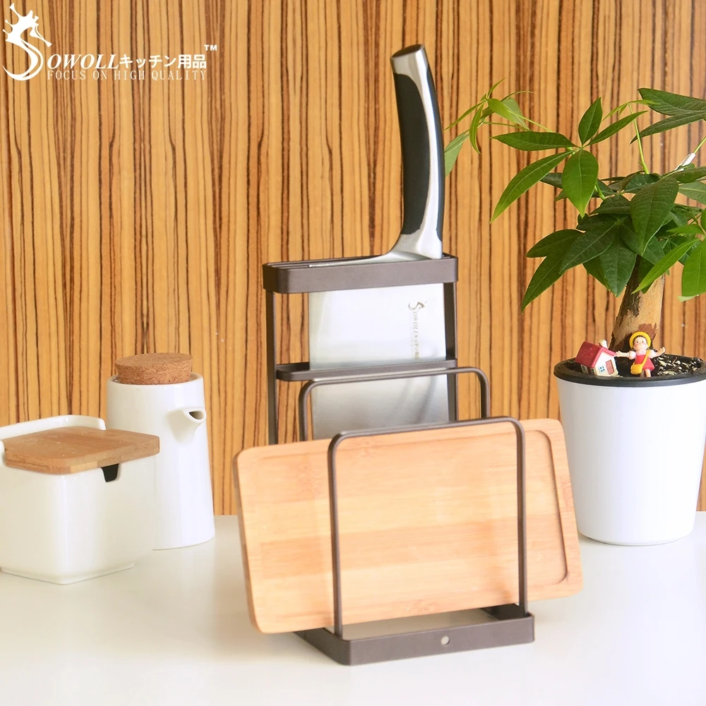 

Sowoll Kitchen Knife Holder Stand Brown Color Kitchen Storage Simple Dish Cutting Board Rack Home Restaurant Cooking Tools
