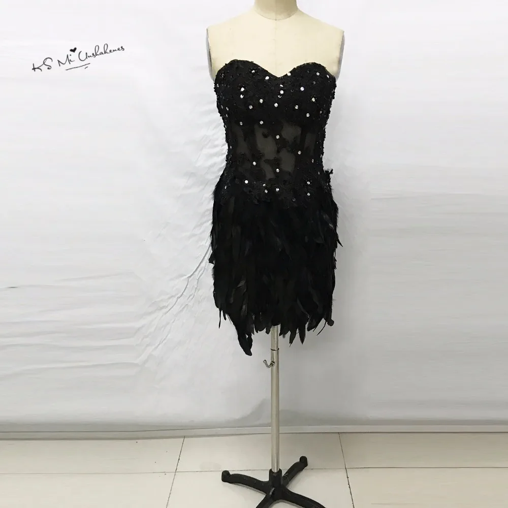 Modest Black Feather Short Cocktail Dress 2017 Lace Beaded Imported