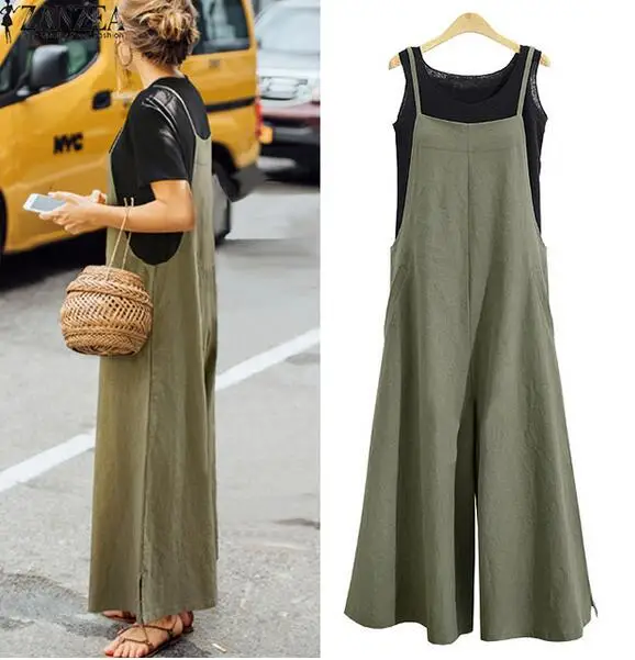 2018 Women Solid Brief Cotton Dungaree Overalls Casual Loose Vintage Bib Romper Suspender Wide Leg Long Pants Pockets Jumpsuit | Женская