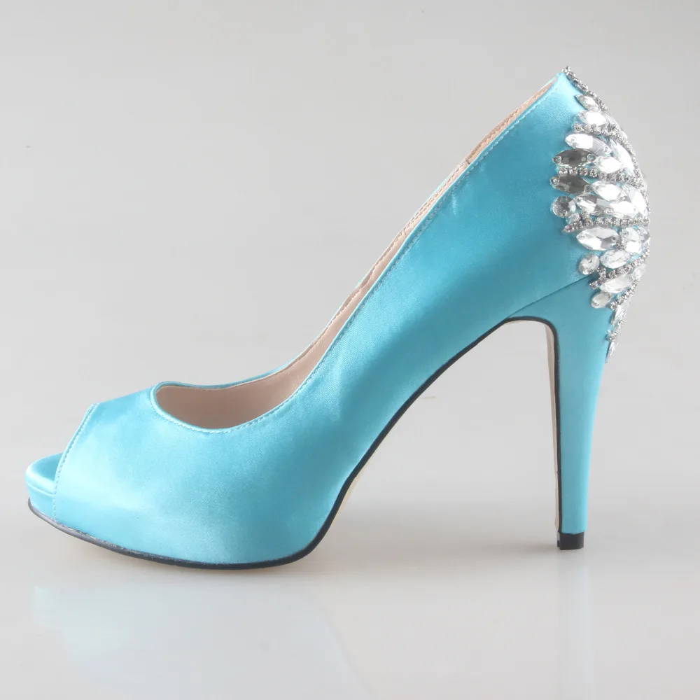 Creativesugar custom handmade light turquoise lake blue evening dress shoes bridal wedding pumps open toe crystal lady heels