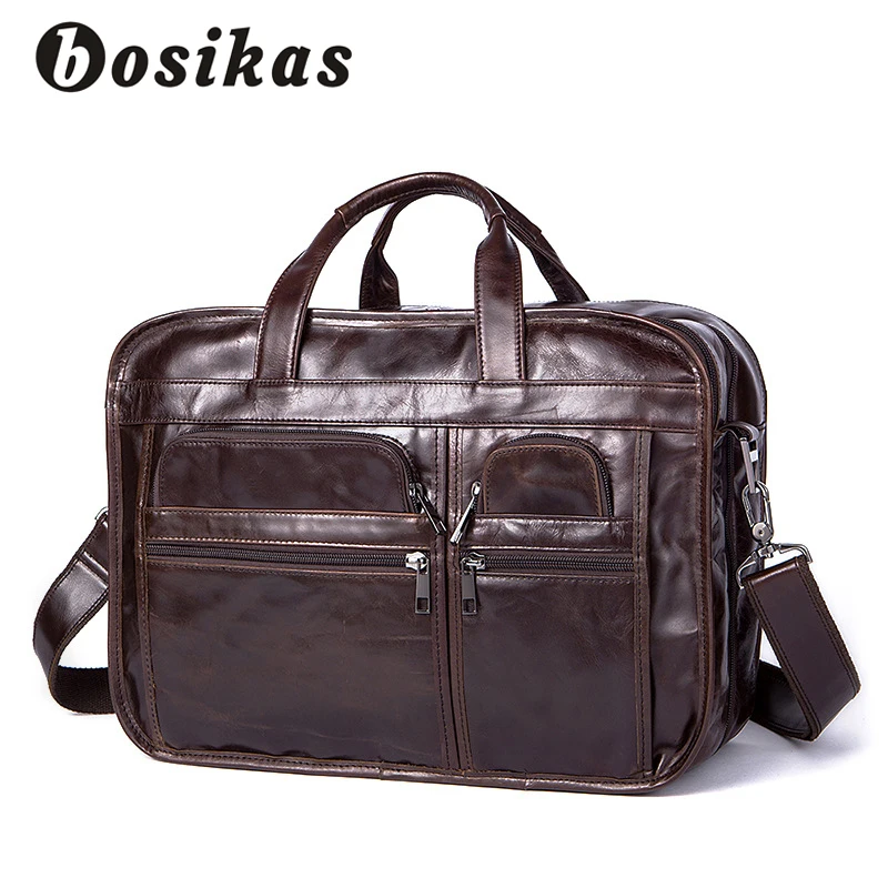 

BOSIKAS Genuine Leather Men's Briefcases men's leather bags Laptop bag 14inch bussiness Handbags Shoulder Bags Man Business Bag