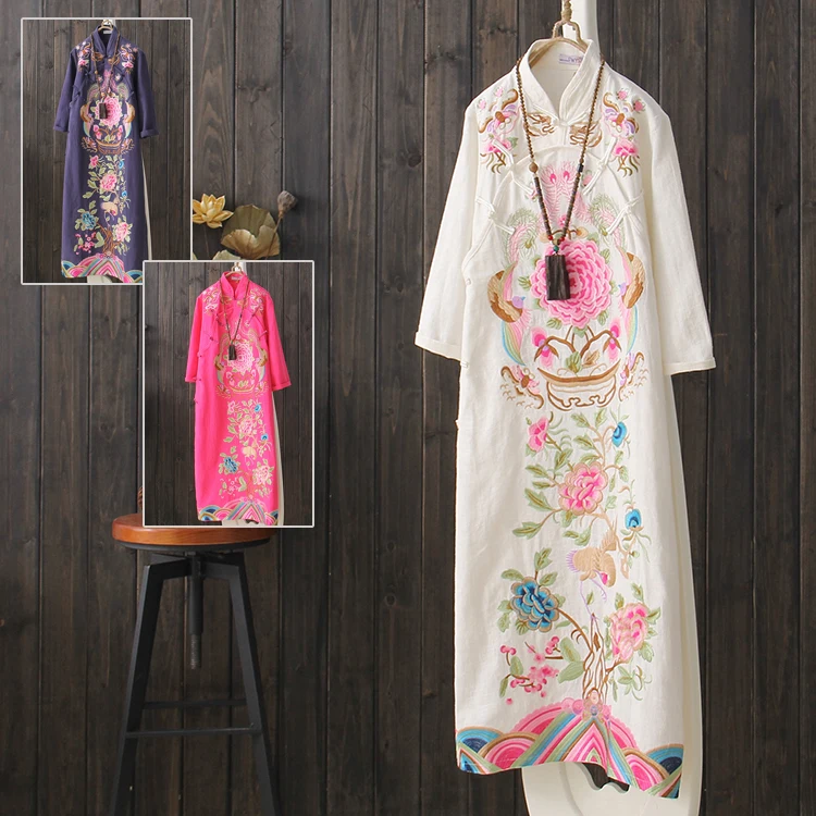 Весна китайский стиль хлопок и лен cheongsam вышитые платья литературное винтажное