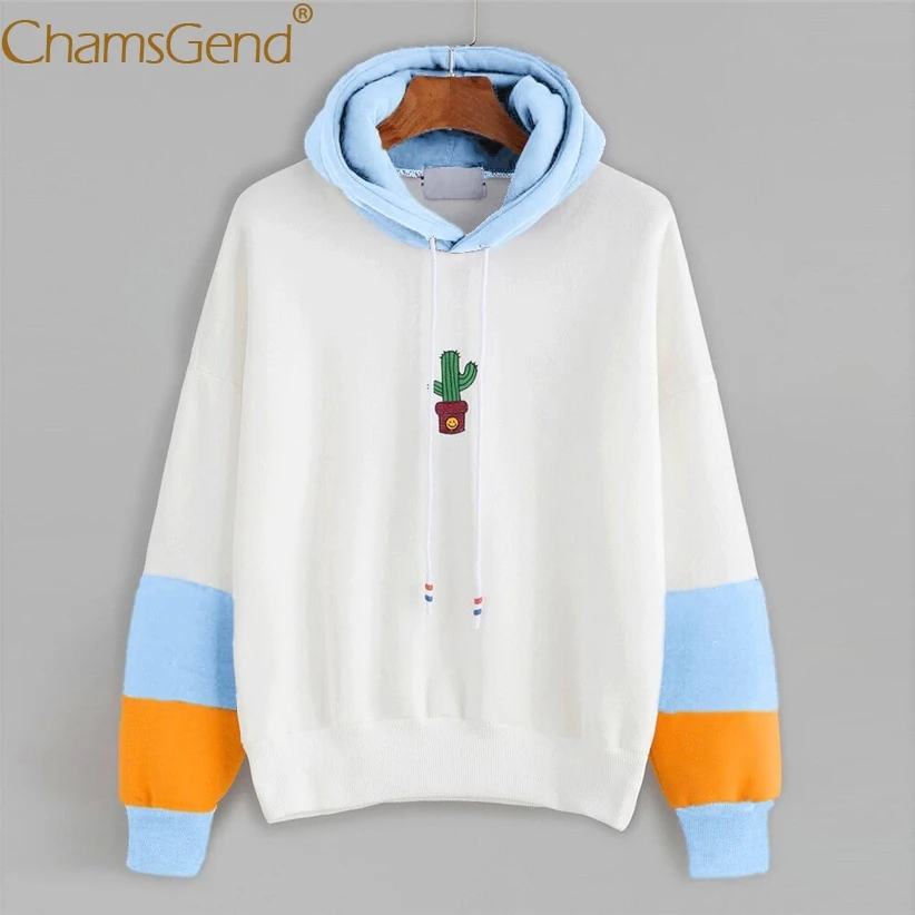 

Chamsgend Hoodies Sweatshirts Women Girl Trendy Cactus Pattern Blue Yellow Striped Sleeve Pullover Hoody Hoodie Sweatshirt 71212