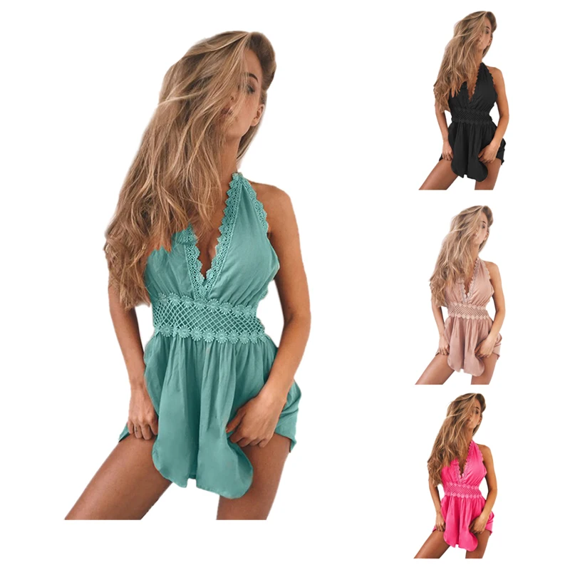 Deep V Neck Backless Floral Printed Sleeveless Playsuits Deep V Neck Backless Floral Printed Sleeveless Playsuits