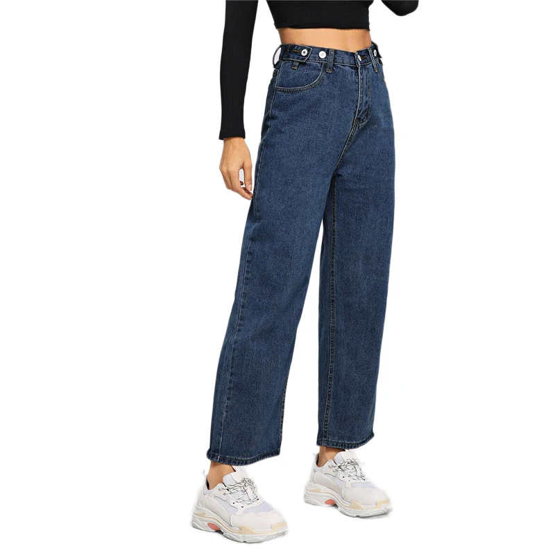 SweatyRocks, широкие женские джинсы на пуговицах, уличная одежда, одноцветные длинные джинсовые штаны с высокой талией,, летние синие повседневные свободные джинсы