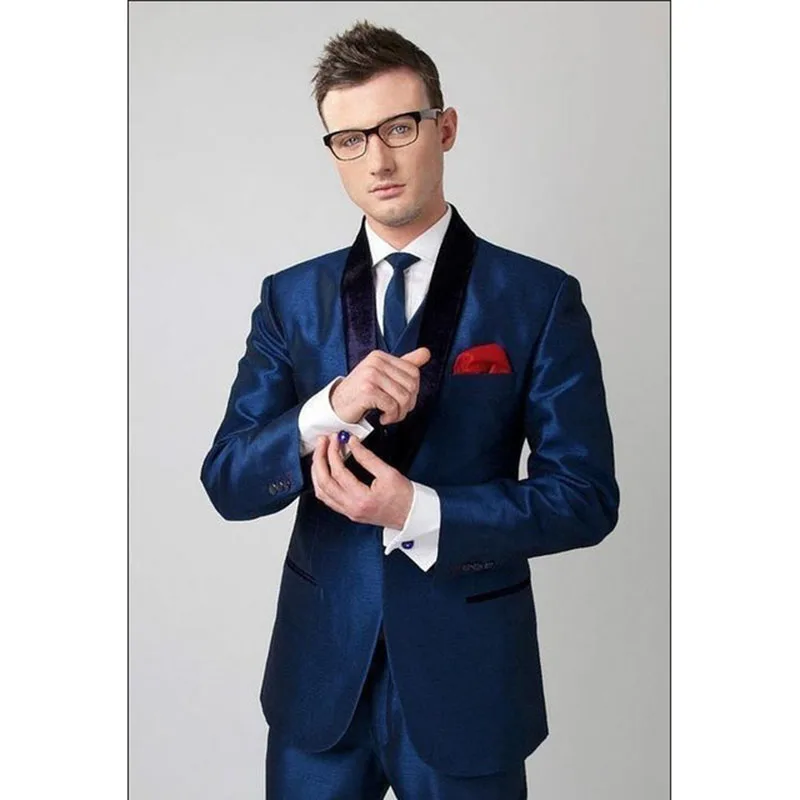 Блестящий темно-синий мужской костюм для свадьбы черный отворот 2 предмета