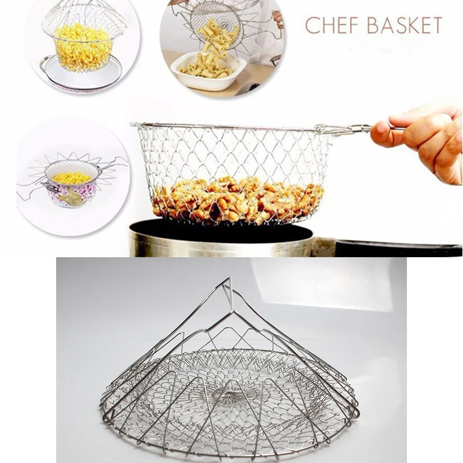 

Stainless Steel Telescopic Folding Chef Basket French Fries To Oil Magic Basket Mesh Basket Strainer Net Kitchen Cooking Tool