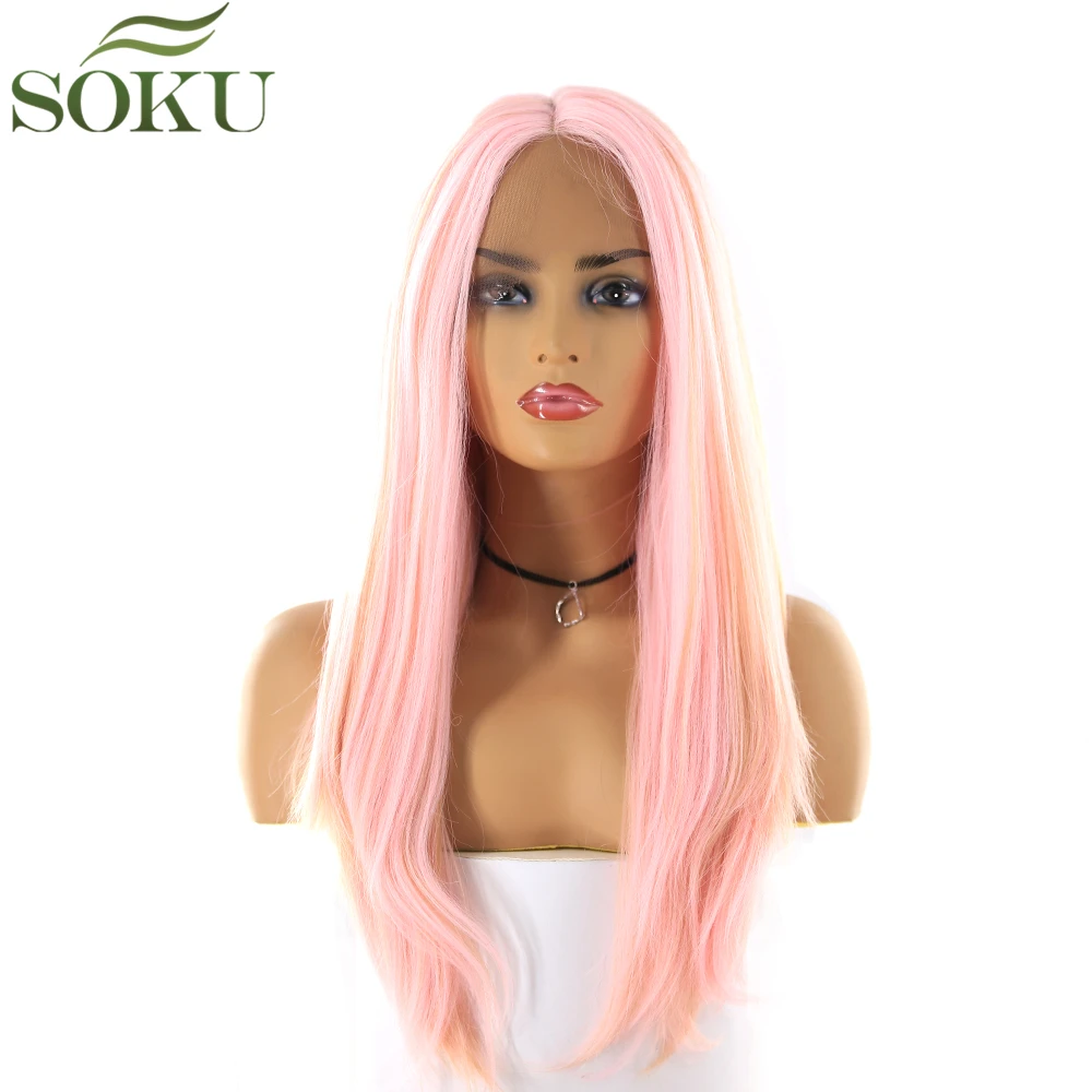 

SOKU Synthetic Lace Front Wigs 16 Inch Straight Middle Part Pink Color Wig Heat Resistant Fiber Wig For Women Free Shipping