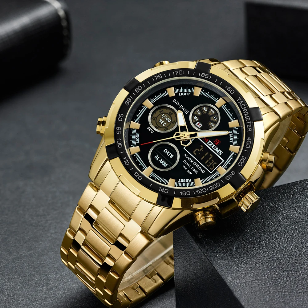 Fashion Brand Men Sports Watches with gold stainless steel band Digital Analog Watch Army Military Waterproof Male LED Clock Relogio Masculino mizums (38)