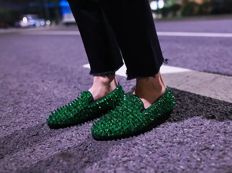 Fashion Gold Green Spiked Loafers Shoes 
