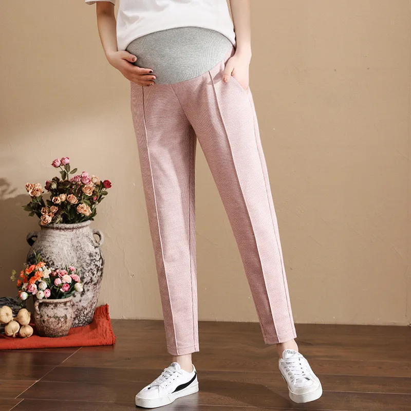 Весна для беременных Штаны Модные свободные Харлан 9 штанов весенняя одежда для беременных женщин; высокая талия живот Лифт Штаны - Цвет: Розовый