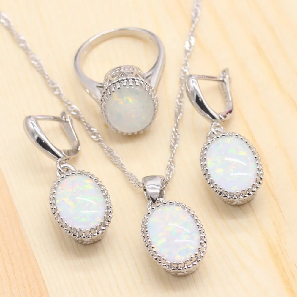 Goede Ronde Vrouwen 925 Sliver Sieraden Sets White Opal Ketting Hanger Oorbellen Trouwringen Opal Armband Sets voor Dance Party
