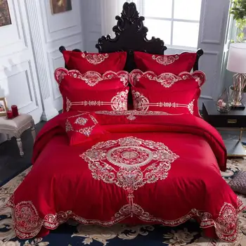

2018 Egyptian cotton Red embroidery Bedding Set King Size 9pcs Duvet Cover Set Bed Linen bedspread Quilt Cover