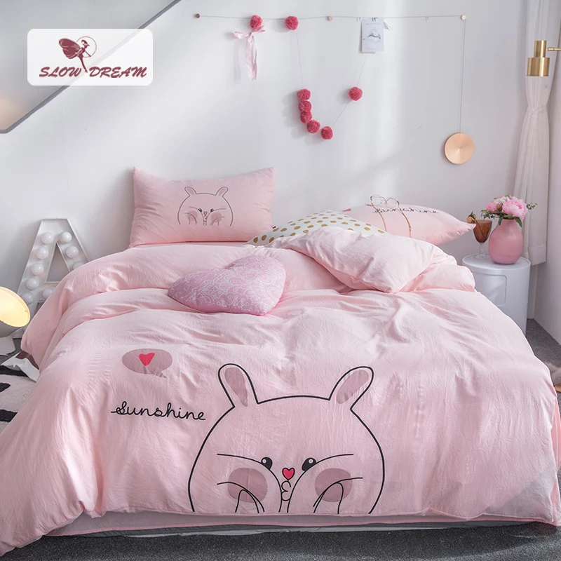 

SlowDream Pink Girl Bedding Set Cartoon Rabbit Bedspread Decor Bedroom Bed Linens Cotton Flat Sheet Adult Double Duvet Cover Set