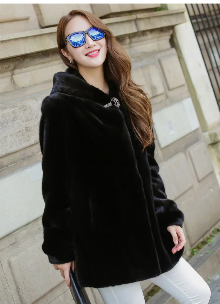 UHYTGF 4XL плюс размер куртка женская модная Имитация меха норки осенне-зимняя меховая верхняя одежда элегантная женская теплая длинная куртка с капюшоном 1126