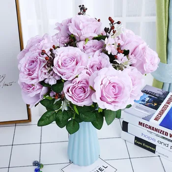 

Artificial Rose Flower Wedding Holding Silk Fake Flower Bouquet Party Supply Floral for Home Garden Farmerhouse Decoration