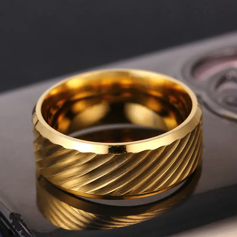 

8mm Gold Stainless Steel Ring Water Wave Rings for Women and Men