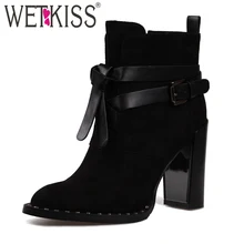 WETKISS/зимние сапоги с шерстяной подкладкой Для женщин Теплые ботильоны ремень с пряжкой мотоциклом ремень обувь с заклепками Женская обувь на высоком толстом каблуке сапоги