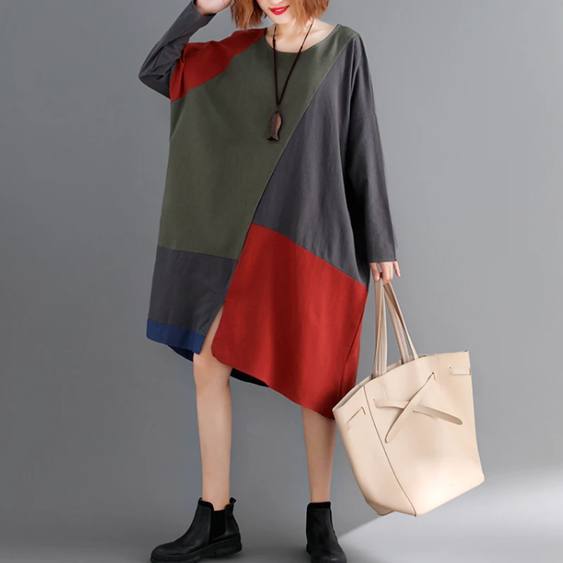 

Mferlier Women Cotton Dress Female Plus Size Large Women Clothing Patchwork Vestidos Vintage Oversized Loose Dresses