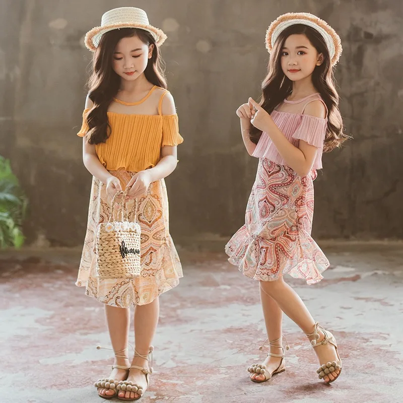 

Girls Clothes Summer Dress 6 8 10 12 14 Years Short Sleeve Kids Clothes Teen Girls chiffon floral Dress Off-shoulder Chiffon Dre